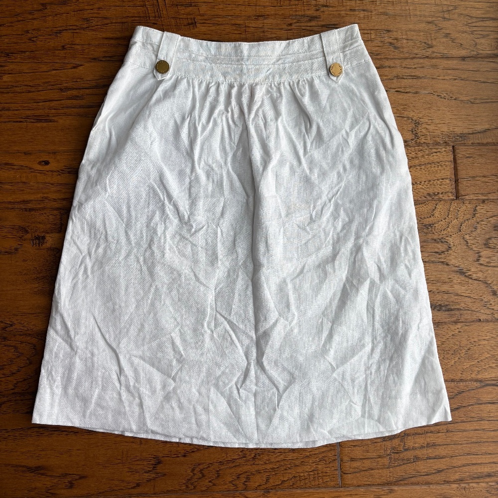 Tory Burch Linen Skirt White With Gold Buttons Lined Pockets Side Zip Women’s 0